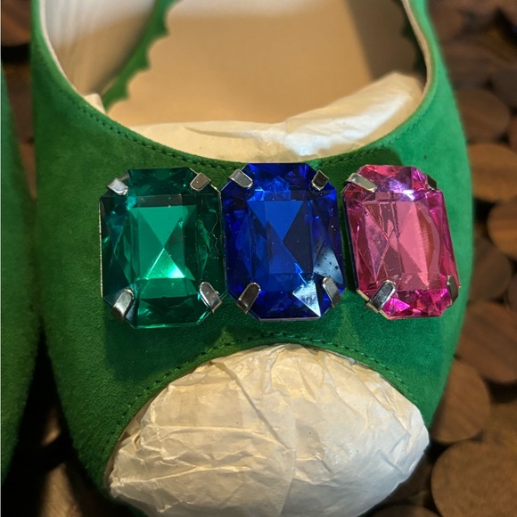 Boden Green Suede Slingback Heels with Multicolor Gem Accents - Picture 8 of 13